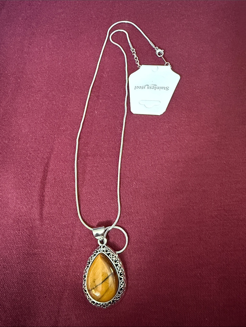 Silver Necklace with tigers eye  Teardrop Pendant